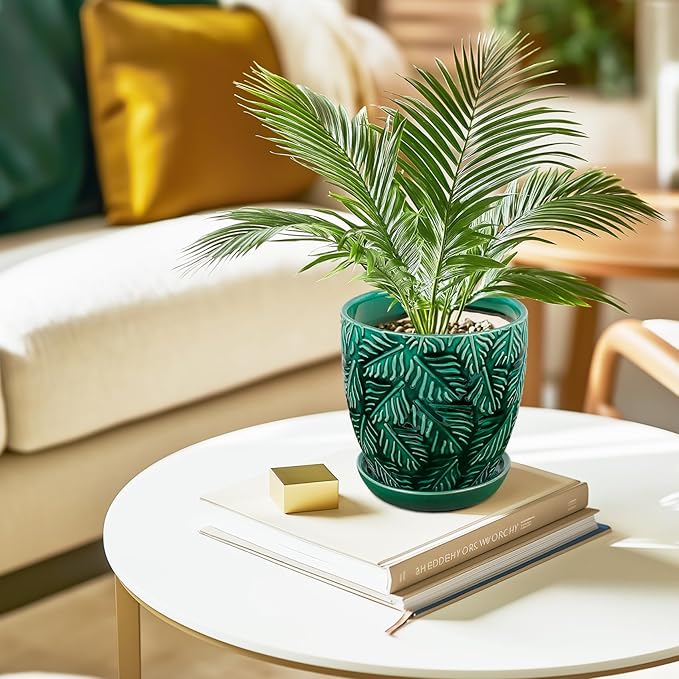 Ceramic Plant Pots, 6 Inch Indoor Plant pots with Drainage Hole and Saucer, Flower Pots, Leaf Embossed - Green Glaze, Set of 2