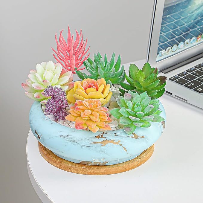 ARTKETTY Succulent Pots - 7.3 Inch Large Bonsai Pots with Drainage Tray, Ceramic Pots for Indoor Plants, Shallow Succulent Planters Marble Cactus Flower Plant Container Bowl