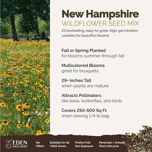 Eden Brothers New Hampshire Wildflower Mixed Seeds for Planting, 1/4 lb, 120,000+ Seeds with Cosmos, Lupine | Attracts Pollinators, Plant in Spring or Fall, Zones