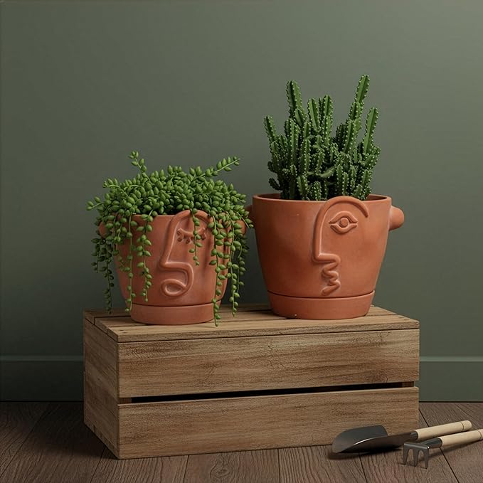 6 Inch Terracotta Abstract Face Planter with Drainage & Saucer – Artistic Ceramic Flower Pot for Indoor Plants, Boho Home Decor, Unique Gift for Plant & Art Lovers