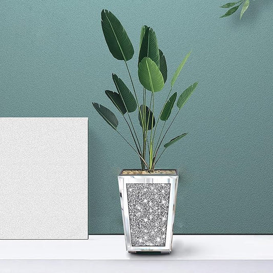 Meetart Crushed Diamond Mirrored Planter, Crystal Silver Glass Decorative Mirror Luxury Flower Pot ,with Drainage Hole and Tray for All House Plants, Succulents, Flowers, and Cactus.
