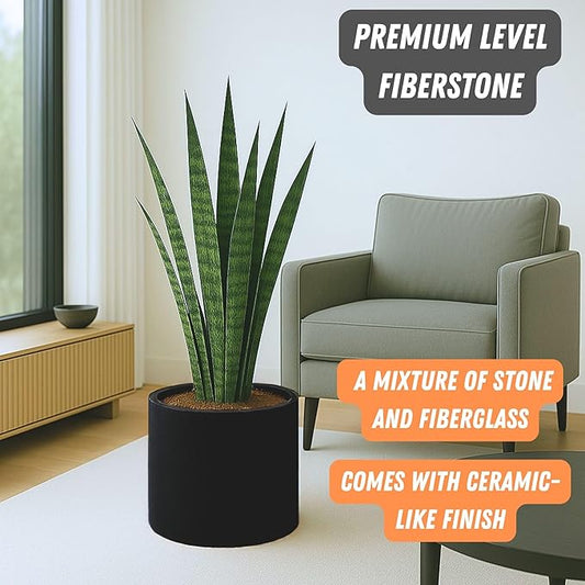 Fox & Fern 14.6 Inch Extra Large Planter — Premium Lightweight Fiberstone Matte Black Plant Pot with Drainage Plug - Big Planter for Indoor & Outdoor Use - Weather Resistant & UV Resistant