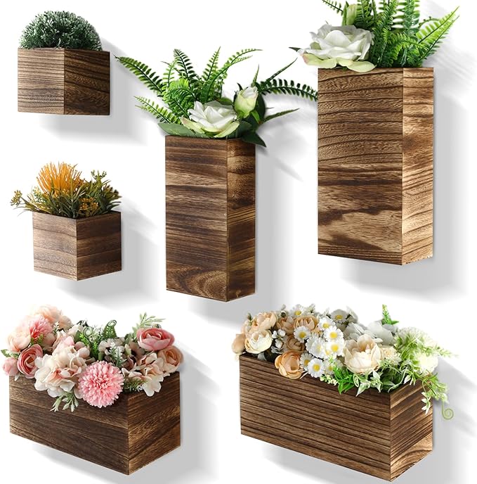 6 Pack Rustic Wood Wall Planters Hanging Wall Planters Pocket Vases Hanging Decor Vase for Plants Dried Flowers Faux Greenery Plants Indoor Living Room Bedroom Farmhouse Home Decor(5 Sizes)