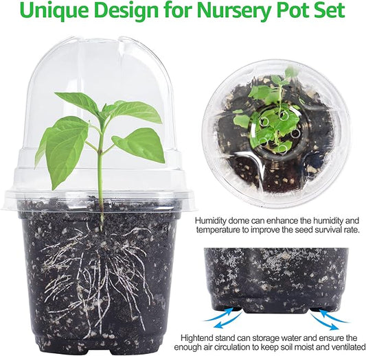 Bonviee 30 Sets Plant Nursery Pots with Humidity Domes, 4 Inch Clear Nursery Pots (30 Pots + 30 Clear Lids), Seed Starter Pots Small Planter Containers with Drain Holes with 10 Plant Labels- Clear