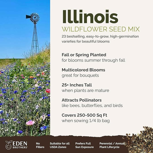 Eden Brothers Illinois Wildflower Mixed Seeds for Planting, 1/4 lb, 120,000+ Seeds with Cosmos, Blanket Flower | Attracts Pollinators, Plant in Spring or Fall, Zones