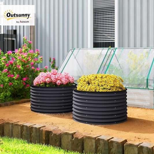 Outsunny Galvanized Raised Garden Bed Set of 2, Planters for Outdoor Plants with Safety Edging, Easy-to-Assemble Stock Tanks for Growing Flowers, Herbs and Vegetables, 3' x 3' x 2', Dark Gray