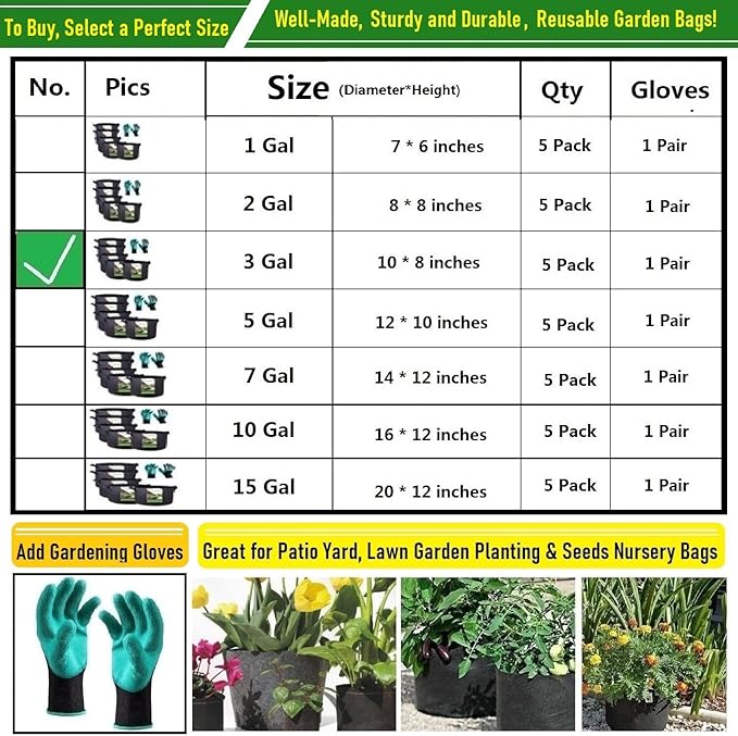 5-Pack 3 Gallon Thickened Plant Grow Bags (10x8 inch) Nursery Bags Fabric Plant Pots Garden Bag for Flower Pot,Herbs Veggies Planter Bag,Garden Pots,Barrel Planters,Plant Container W/ Gardening Gloves