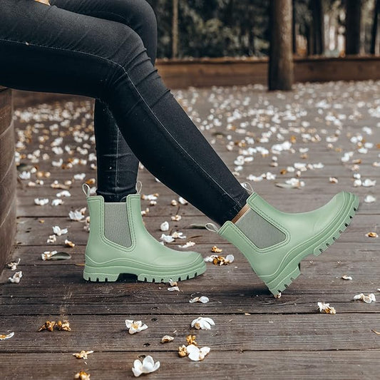 DKSUKO Rain Boots Women Waterproof Chelsea Boots Ankle Garden Shoes for Ladies Rubber Short Rainboots with Removable Comfort Insole for Outdoor Work Deck Mud Boots