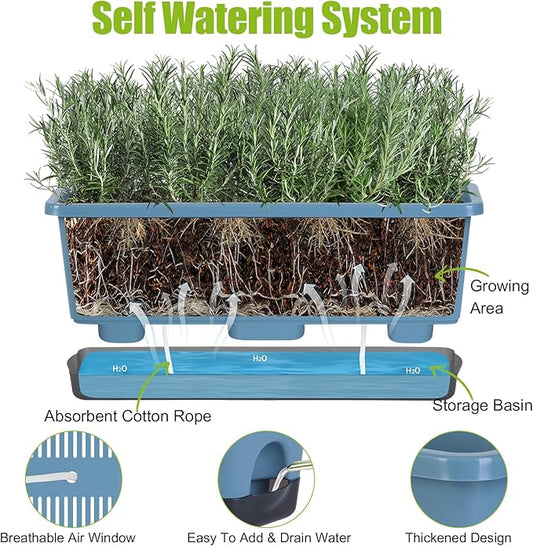 Window Box Planter 4 Packs, 17 Inches Rectangle Flower Pots with Drainage Holes & Trays, Pots for Vegetables, Herbs, Flowers, Garden Windowsill Balcony (Blue, 17 * 5.1 * 6 inch)