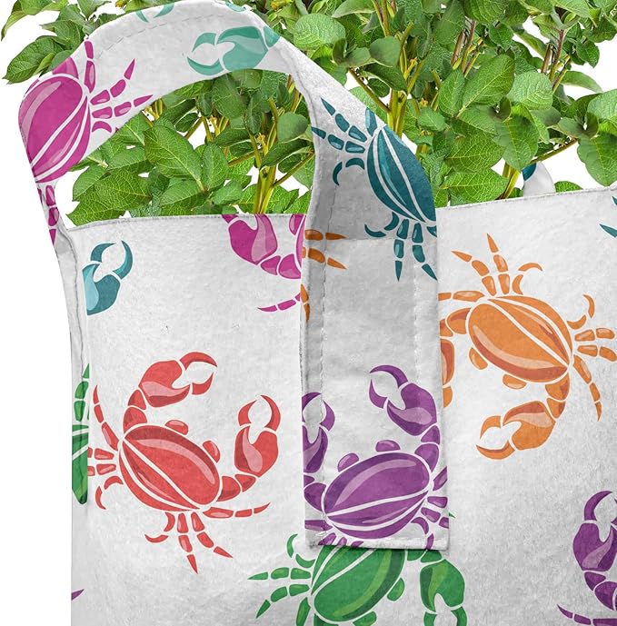 Lunarable Sea Animals Grow Bags 5-Pack, Crabs Lively Colors, Heavyduty Fabric Pots with Handles for Plants, Orange Teal