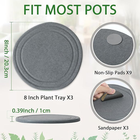 Plant Saucers for Indoors, 3 Pack 8" Quick Dry Diatomite Plant Drip Water Catcher Trays for Pots, Diatomaceous Earth Planter Drainage Saucers Plates to Catch Water for Flower and Plants, Stone Gray