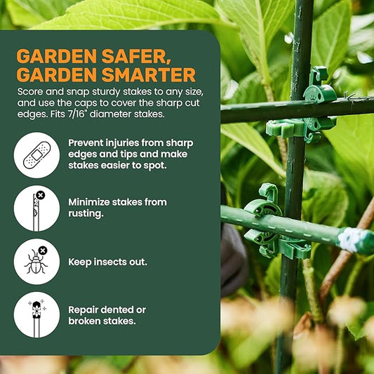 Garden Stake Safety Caps | Vinyl Covers for Sharp Stake Tips | Fits 7/16” Plant Support Stakes | Durable Gardening Caps for Plant Protection (12 Pack - Incognito Green)