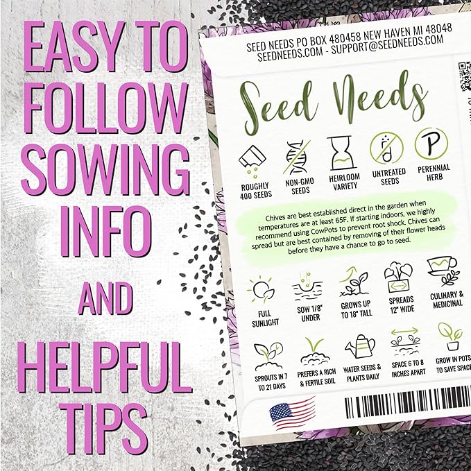 Seed Needs Borage & Chives Seeds for Planting Fresh Kitchen Herbs - Non-GMO Heirloom & Untreated Perennial Herb Seed to Plant a Culinary Garden Indoors or Outdoors (2 Packs)