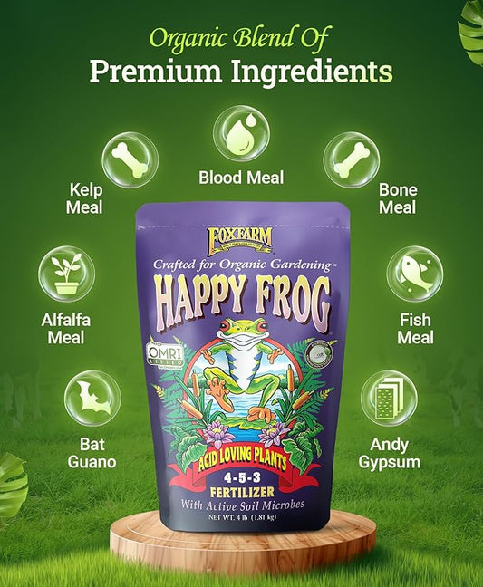 FoxFarm Happy Frog Acid Loving Plant Fertilizer, Slow-Release Fertilizer for Rhododendrons, Azaleas, Hydrangeas, Blueberries, Strawberries & More NPK 4-5-3 (4 lb)