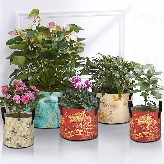 5 Gallon Chinese Dragon in Red Grow Bag Heavy Duty Thickened Plant Pot Containers with Handles for Potato Tomato Flowers Fruits Vegetables