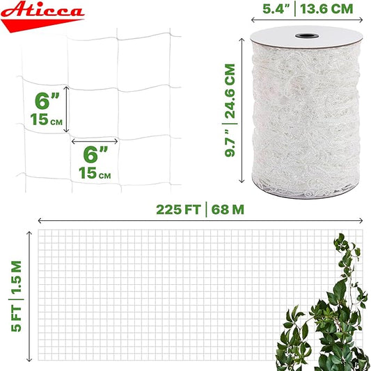 Trellis Netting 5 x 225 ft Heavy Duty Polyester Plant Support Netting White - 6 Inch Garden Rope Trellis on Roll - Mesh Twine for Growing Vine Climbing Plants, Flowers, Peas, and Tomatoes.