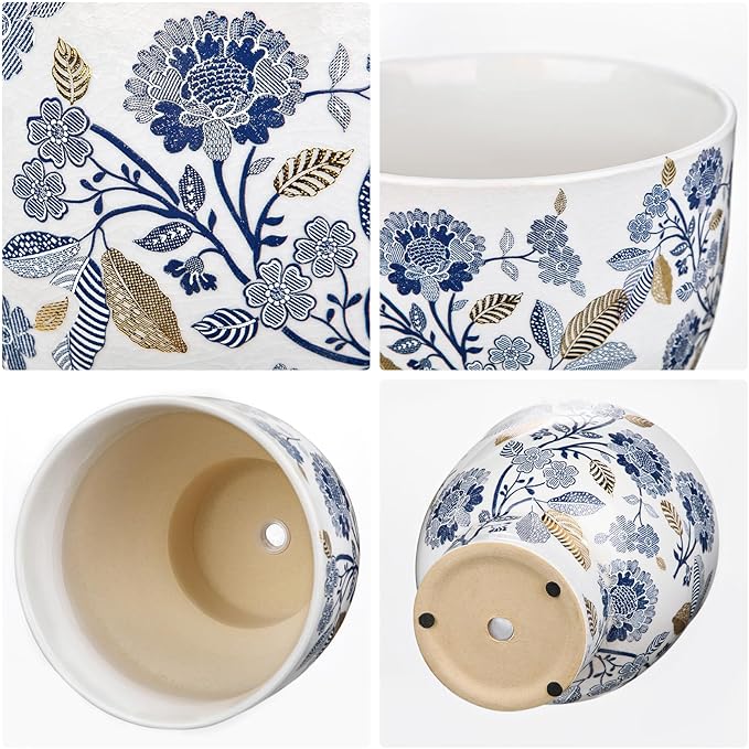 7.6/5.5 Inch Decorative Flower Pots, Blue and White Plant Pot Gold Accent Ceramic Planters for Indoor Plants Pots with Drainage Retro Planter Pot for Succulents Cactus Herb Snake Plants Outdoor Garden