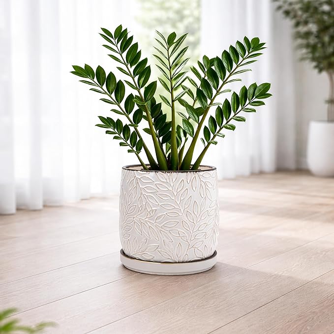 D'vine Dev 10 Inch Embossed Leaves Stoneware Planter Pot with Drainage Hole and Saucer, Smoked White, 27-A-P-1