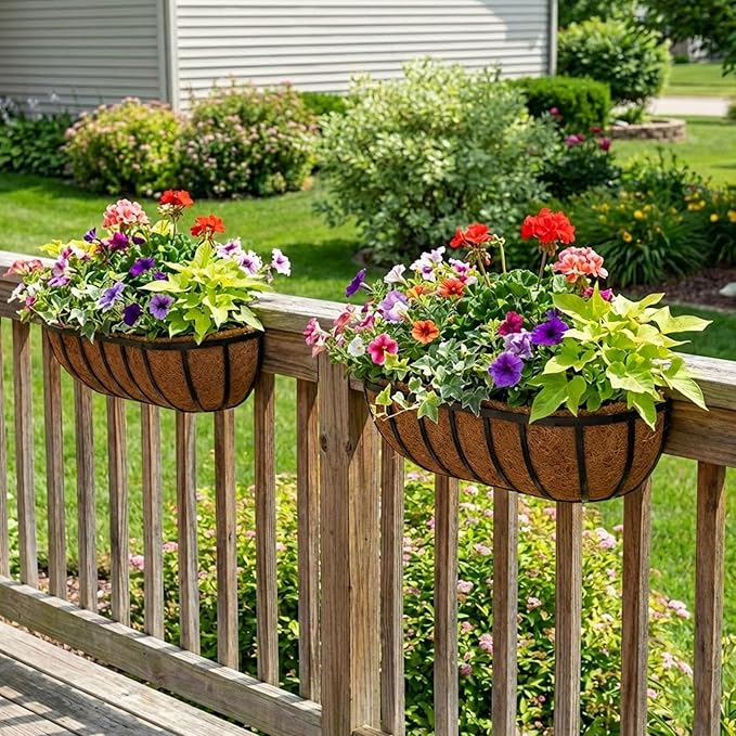 24 Inch Railing Planter Boxes 2 Pack Metal Window Box Planters with Coco Coir Liners, Horse Trough Planter with Adjustable Brackets for Deck Balcony Fence Porch Patio Outdoor Garden