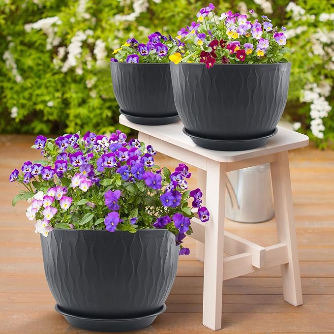 12/10/9 inch Plant Pots, 3 Pack Flower Pots for Outdoor Indoor Garden Plants, Large Planters with Multi Mesh Drainage Holes and Saucer (Black, 12"+10"+9")