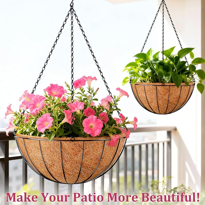 Halatool 20 Inch Large Hanging Planters for Outdoor Plants, 2 Pack Metal Outdoor Hanging Baskets with Coco Liner, Round Hanging Flower Pot for Plants Flowers Garden Decorations