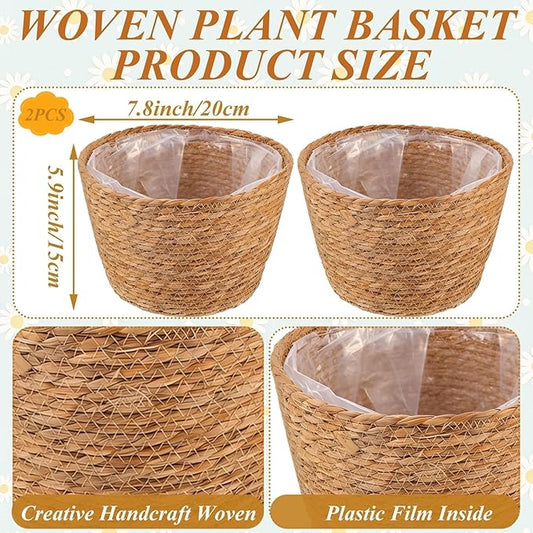 2PCS Seagrass Plant Basket for Indoor and Outdoor,Wicker Planter Basket with Liner for 6 inch Pot,Indoor Plant Pot Covers for Potted Plants, Rattan Storage Baskets for Rustic Boho Farmhouse Decor