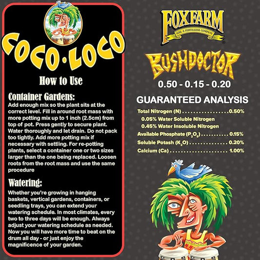 FoxFarm Bush Doctor Coco Loco Potting Mix, 2cu ft - Extends Your Watering Schedule, Triple-Washed to Reduce Salt Content - Perfect for Cultivating Healthy Plants