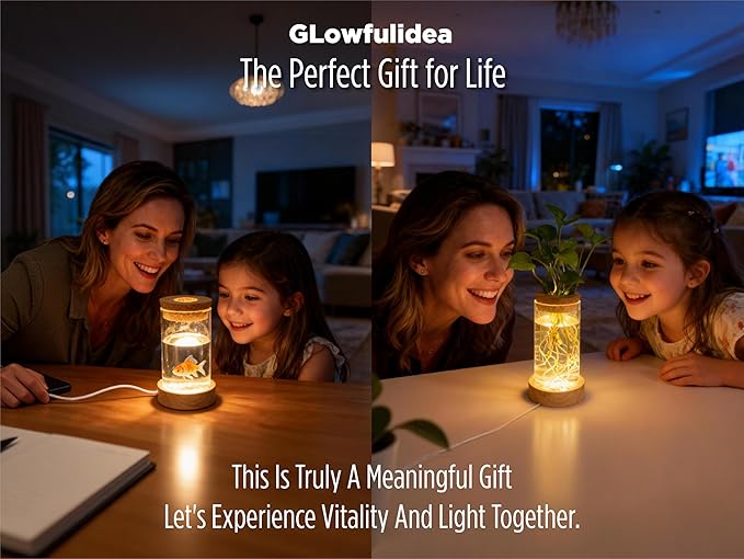 Plant Propagation Station with Light, Glass Planter Station with Waterproof Lighted Wooden Base, Desktop Hydroponic Plants Terrarium, Cylindrical Glass Planter for Home Decor & Office Decor
