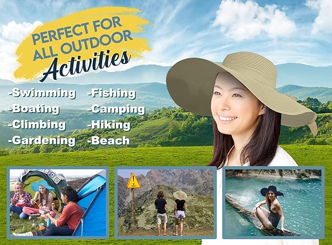 Women's Wide Brim UPF 50+ Straw Sun Hat with Bow - Foldable Packable Summer Beach Hat with Chin Strap