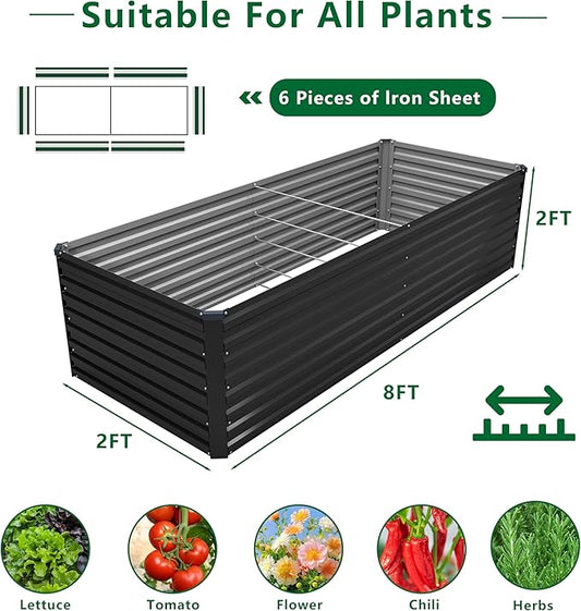 8x2x2FT Galvanized Raised Garden Bed Kit,Vegetable Plant Boxes-Rectangle Metal Flower Box,Large Planter Raised Beds Outdoor Garden for Planting,Fruit,Herb-Black