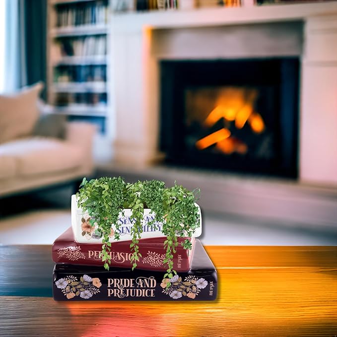 Steel Mill & Co Original Small Book-Shaped Decorative Planter, Ceramic Planter for Home Decor, Cute Bookshelf Decor, Unique Planter for Book Lovers, Classic Titles, Jane Austen