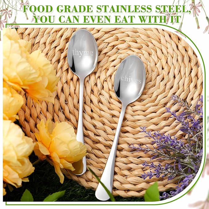 Bucherry 12 Pcs Metal Plant Label Signs, Spoon Shape Planted Herb Markers Garden Labels with Herb Names for Nursery Indoor Outdoor Garden Decoration, Stainless Steel, 12 Styles, 6.8" x 1.4"