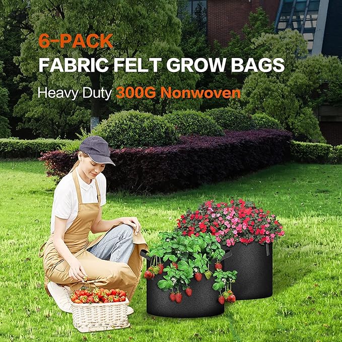 iPower Plant Grow Bag 5 Gallon 6-Pack Heavy Duty Fabric Pots, 300g Thick Nonwoven Fabric Containers Aeration with Nylon Handles, for Planting Vegetables, Fruits, Flowers, Black 2024 Version