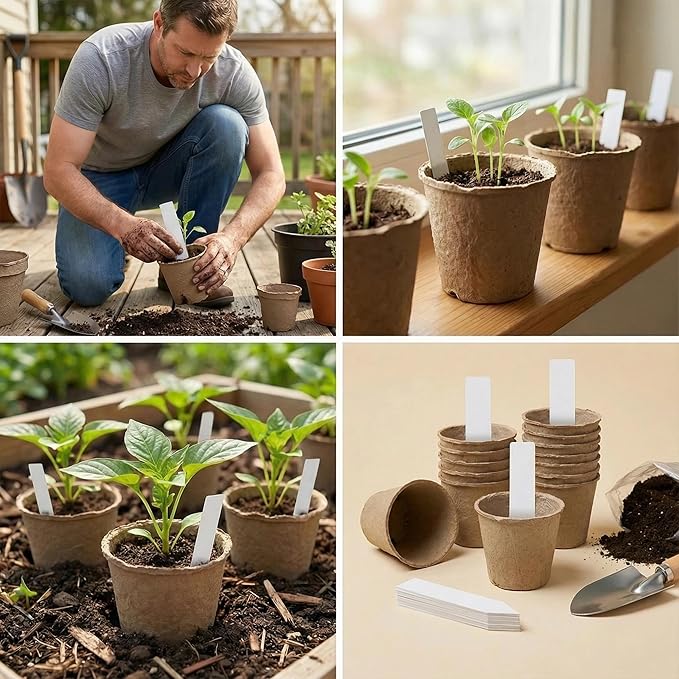 60 Packs 4 Inch Peat Pots with 60 Pcs Plant Labels, Biodegradable Seedling Pots with Drainage Holes, Nursery Pots Breathable Plant Containers, Seed Starter Kit for Vegetables, Flowers