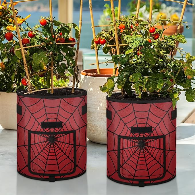 Vegetable Grow Bags Red Spiders Web 7 Gallon Thickened Nonwoven Plant Pot Flowers Potato Fruit Plant Grow Bag with Handle Garden Plant Bag Outdoor 2 Pack