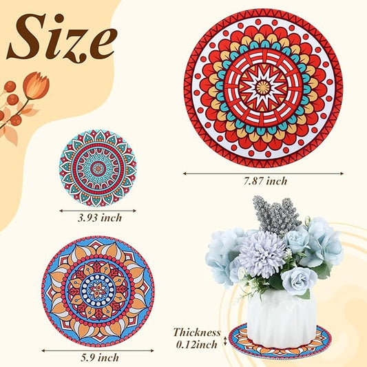 Nuanchu 6 Pcs Boho Plant Pot Coasters 3 Sizes 3.94" 5.9" 7.87", Rubber Absorbent Non-Slip Pot Plant Round Mat Gardening Indoor Outdoor Flower Protect Mat for Table Desk Floor, Colorful