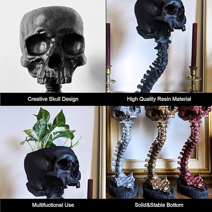 Skull Planter Gothic Skull Vase, Resin Skulls Bowl with Spine Stand Spooky Halloween Skeleton Tall Planters Centerpiece for Gothic Home Decor, Flower Pot, Candy Bowl