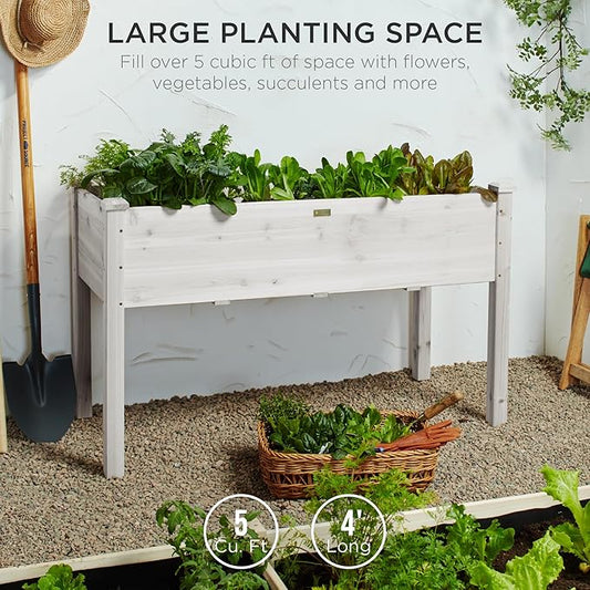 Best Choice Products 48x24x30in Raised Garden Bed, Elevated Wood Planter Box Stand for Backyard, Patio, Balcony w/Bed Liner, 200lb Capacity - White