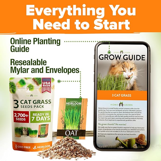 HOME GROWN 3 Cat Grass Seed Mix 2700 + Non-GMO Heirloom Oat, Alfalfa & Cat Grass Seeds | Indoor Pet Grass for Cats | High-Germination Greens for Hairball Control, Digestion, and Chewing Enrichment