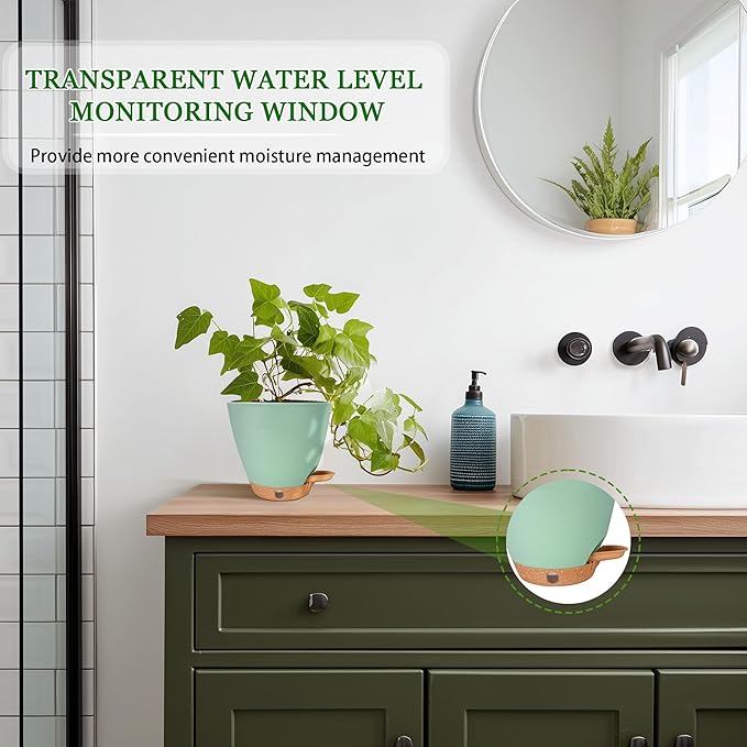 6 Inch Self Watering Pots for Indoor Plants (5-Pack) โ Small Plastic Planters with Water Window, Drainage Holes & Trays, Indoor Outdoor Flower Pots for Herbs, Succulents, Home Garden Decor (Green)