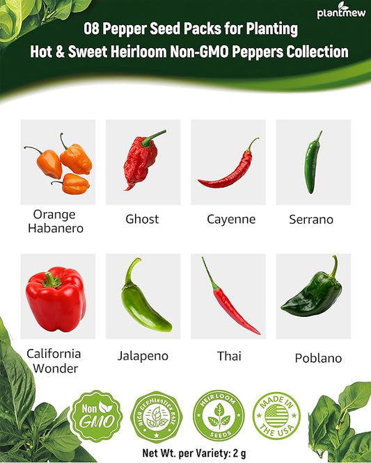 8 Varieties Hot Pepper Seeds for Planting - 1600+ Heirloom Non-GMO USA Sourced Seeds - Ghost, Jalapeño, Serrano, Cayenne, Poblano, Thai & More- High Germination Spicy Pepper Garden