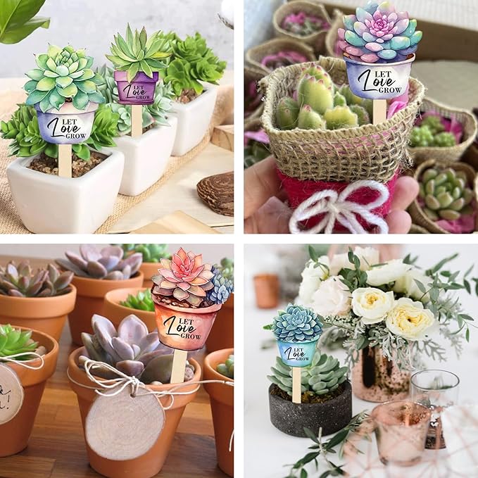 42 Pcs Let Love Grow Succulent Shape Wooden Stakes Wedding Favors Tags Planter Stakes Label Garden Marker Plant Sign for Wedding Gift Bridal Baby Shower Succulent Pot Decorations