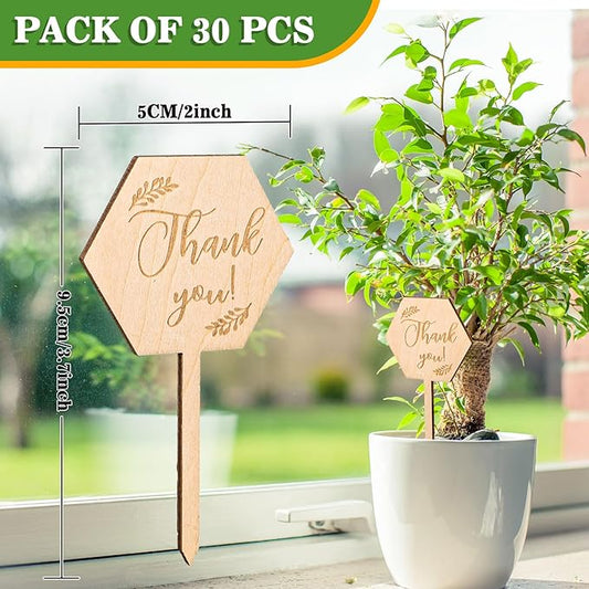 30Pcs Thank You Plant Labels Baby Shower Hexagon Wooden Plant Stakes Gift Succulent Garden Marker Plant Sign for Seed Potted Teacher Appreciation Thanksgiving Supplies
