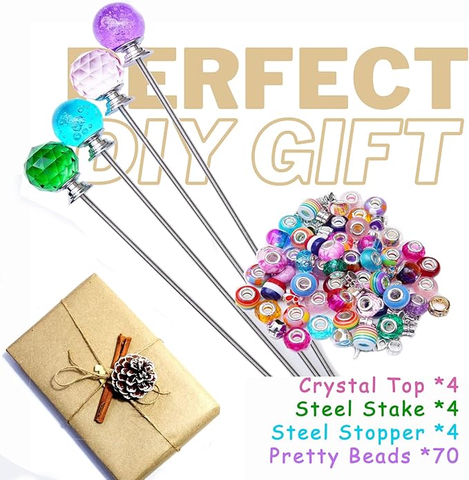 Handmade Beaded Garden Stakes – Set of 4 Decorative Crystal Plant Wands, Glass Suncatcher Ornaments for Potted Plants & Flower Beds, Unique Garden Gifts for Women & Mother’s Day – 12 Inch