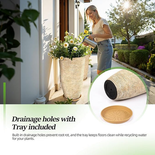 QCQHDU Set of 2 9 Gallon Tall Large planters for Outdoor/Indoor Plants of 12" Dia x 21" H Round Flower Pots Set Faux Stone Finish Front Door Patio Square Porch Planters with Tray, Beige