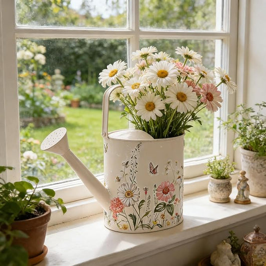 Vintage Floral Metal Watering Can for Indoor/Outdoor Plants, Pink Functional Garden Waterer with Long Spout, Garden Water Pot Rustic Decor for Home Garden Patio