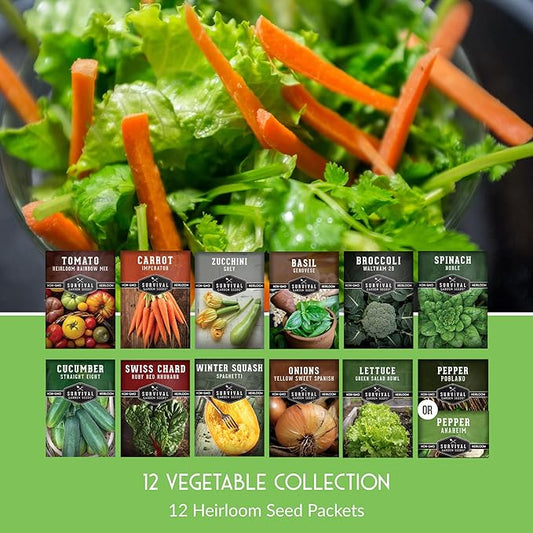 Vegetable Seeds 12 Variety Pack – Veggies & Herbs for Planting Indoor or Outdoor | Basil, Lettuce, Tomato, Cucumber, Winter Squash & More – Heirloom Kitchen Garden Gift Set – Survival Garden Seeds