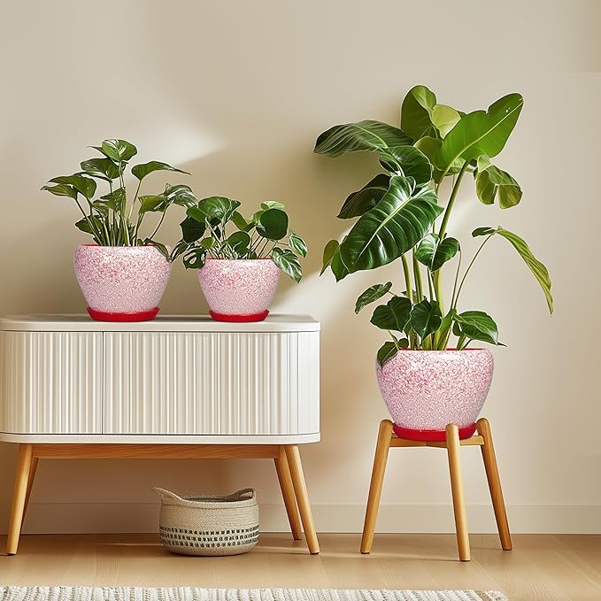 Ceramic Planter for Plants - 8 Inch Plant Pot Indoor with Drainage Hole and Tray, Round Flower Pots for Indoor Outdoor, Modern Planter, Home Decor, Gifts for Plant Lovers, Crackle Red