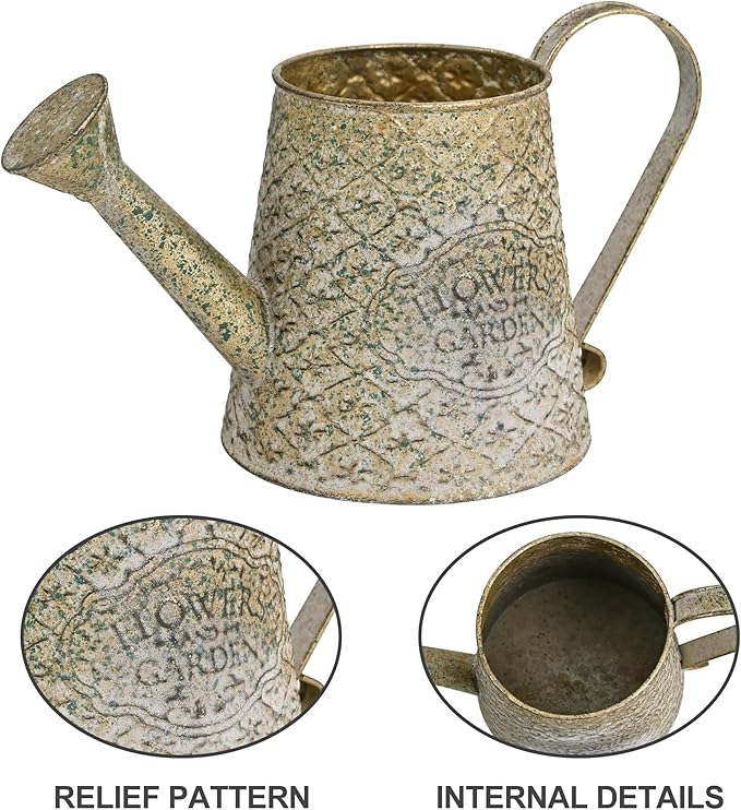 Vintage Green Metal Flower & Garden Watering Can, Rustic Farmhouse Decorative Watering Pot Planter for Home Patio Backyard Outdoor Plant Care