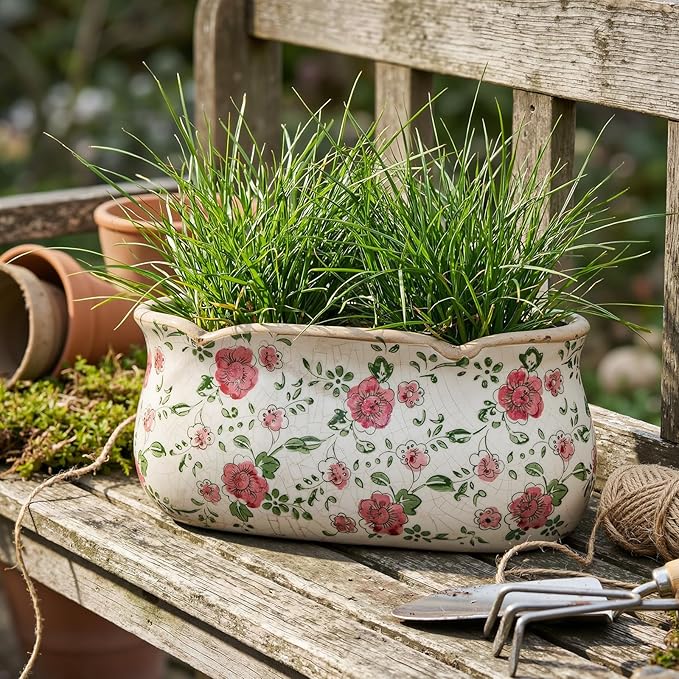 8.6" Large Vintage Ceramic Planter Ice Cracked Farmhouse Rectangle Pots with Drainage Hole Pots for Indoor Outdoor Plants Home Kitchen Windowsill Office Shelf Rustic Decor Gift(Rose)